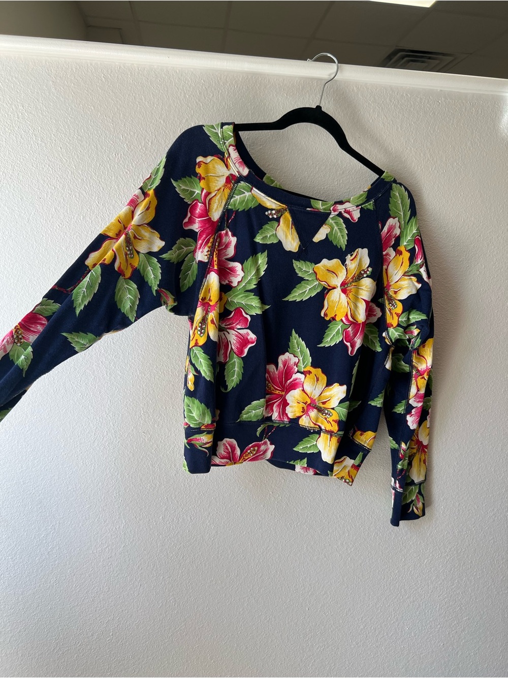 Polo by Ralph Lauren Navy Floral Boatneck Sweatshirt with Yellow & Pink Hibiscus